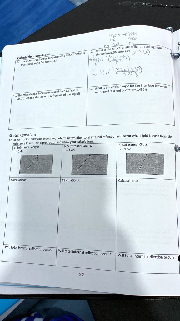 Calculation Questions The index of refraction for a diamond is 2.42 ...