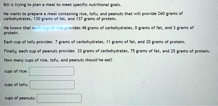 Bill is trying to plan a meal to meet specific nutritional goals.

He wants to prepare a meal containing rice, tofu, and peanuts that will provide 260 grams of carbohydrates, 130 grams of fat, and 137 grams of protein.

He knows that each cup of rice provides 48 grams of carbohydrates, 0 grams of fat, and 3 grams of protein.

Each cup of tofu provides 7 grams of carbohydrates, 11 grams of fat, and 20 grams of protein.

Finally, each cup of peanuts provides 33 grams of carbohydrates, 75 grams of fat, and 25 grams of protein.

How many cups of rice, tofu, and peanuts should he eat?

cups of rice:

cups of tofu:

cups of peanuts: