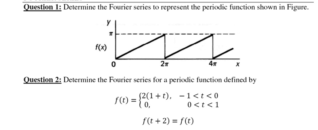 Question 1: Determine the Fourier series to represent the periodic function shown in Figure.

Question 2: Determine the Fourier series for a periodic function defined by

f(t) = 2(1+t), -1 < t < 0
       0, 0 < t < 1

f(t + 2) = f(t)