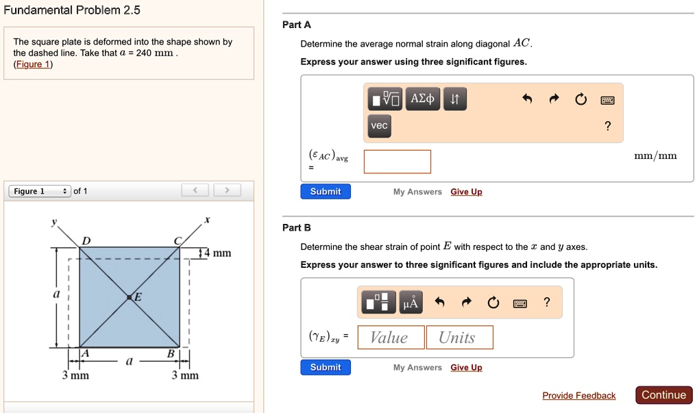 SOLVED: Determine the average normal strain along diagonal AC ...