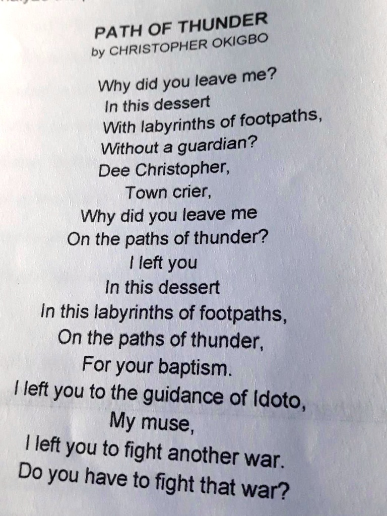 what is the message of the poem path of thunder christopher okigbo by