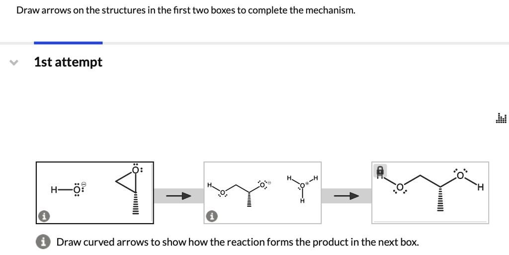 Draw arrows on the structures in the first two boxes to...
