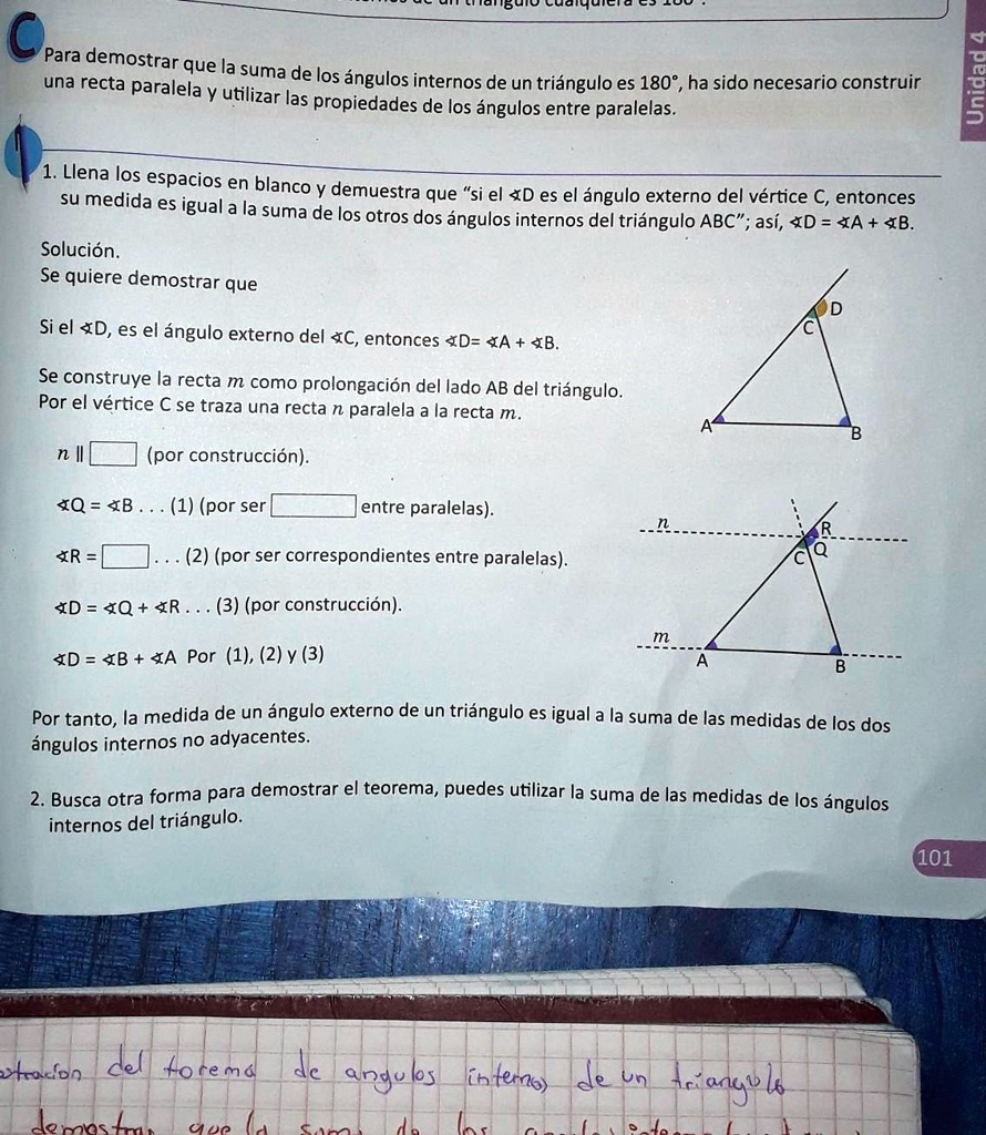 ayudaaaaaaaaaaaaaaaaa para demostrar que la suma de los una recta paralela utilizar angulos internos de un triangulo es 180 ha sido necesario construir las propiedades de los angulos entre p 25646