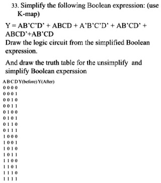 33 simplify the following boolean expression use k map y abcdabcd ...