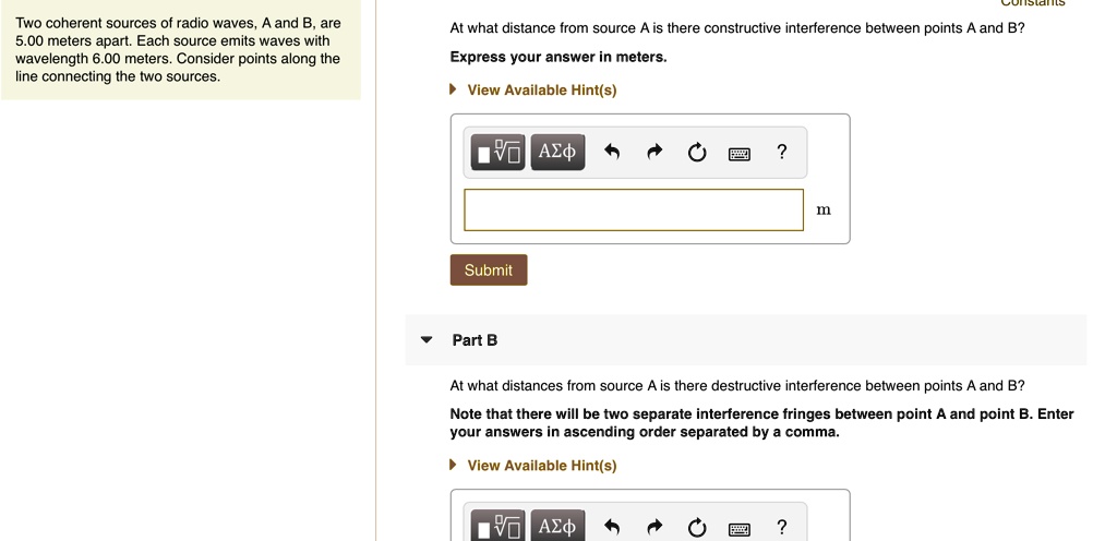 Two Coherent Sources Of Radio Waves, A And B, Are 5.00 Meters Apart ...