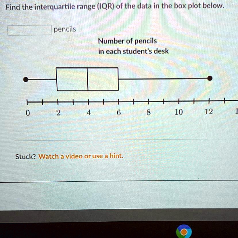 Find the interquartile range (IQR) of the data in the box plot below.
pencils
Number of pencils
in each student's desk
0 2 4 6 8 10 12
Stuck? Watch a video or use a hint.