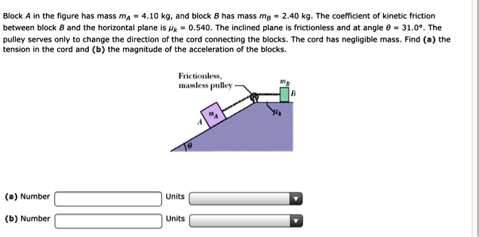 Block A in the figure has mass mA = 4.10 kg, and block B has mass mB = 2.40 kg. The coefficient of kinetic friction between block B and the horizontal plane is ?k = 0.540. The inclined plane is frictionless and at angle ? = 31.0°. The pulley serves only to change the direction of the cord connecting the blocks. The cord has negligible mass. Find (a) the tension in the cord and (b) the magnitude of the acceleration of the blocks.