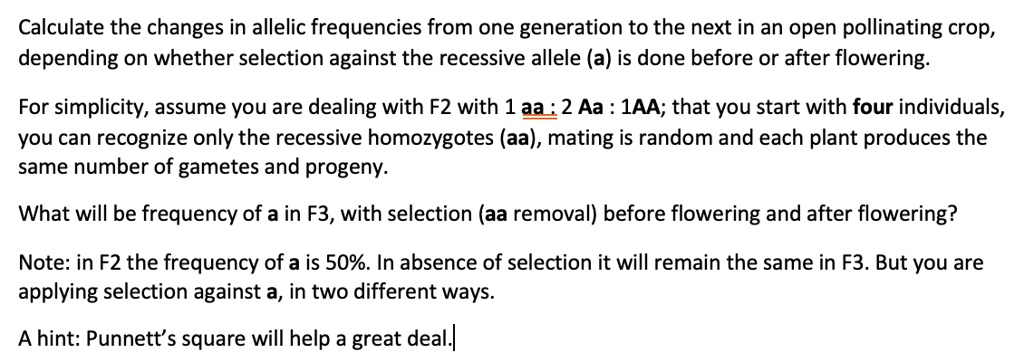 Calculate the changes in allelic frequencies from one generation to the next in an open pollinating crop, depending on whether selection against the recessive allele (a) is done before or after flowering.

For simplicity, assume you are dealing with F2 with 1 aa : 2 Aa : 1AA; that you start with four individuals, you can recognize only the recessive homozygotes (aa), mating is random and each plant produces the same number of gametes and progeny.

What will be frequency of a in F3, with selection (aa removal) before flowering and after flowering?

Note: in F2 the frequency of a is 50%. In absence of selection it will remain the same in F3. But you are applying selection against a, in two different ways.

A hint: Punnett’s square will help a great deal.