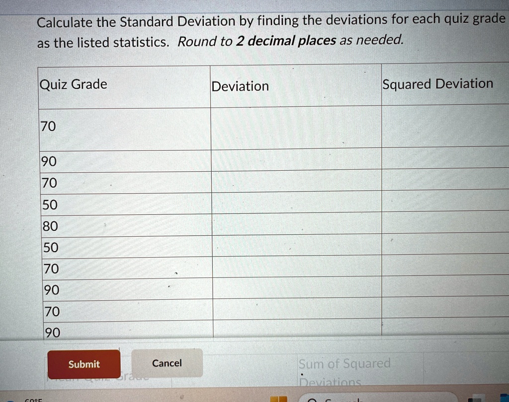 Calculate the Standard Deviation by finding the deviations for each quiz grade
as the listed statistics. Round to 2 decimal places as needed.

Squared Deviation
Quiz Grade	Deviation
70
90
70
50
80
50
70
90
70
90
Submit	Cancel
Sum of Squared
Deviations