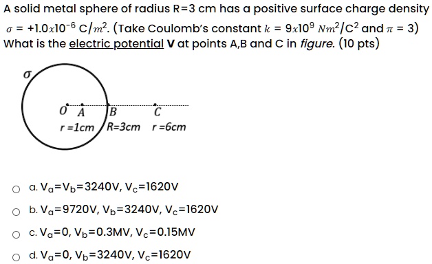 SOLVED: A solid metal sphere of radius R = 3 cm has a positive surface ...