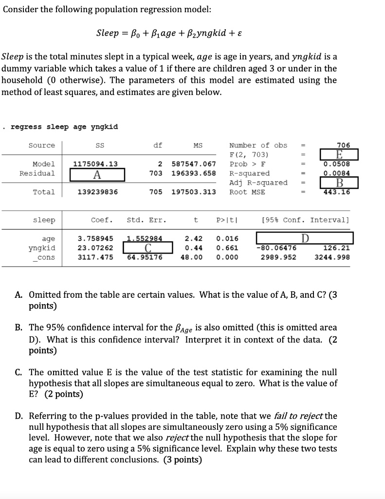 Consider the following population regression model:

Sleep = ?? + ??age + ??yngkid + ?

Sleep is the total minutes slept in a typical week, age is age in years, and yngkid is a dummy variable which takes a value of 1 if there are children aged 3 or under in the household (0 otherwise). The parameters of this model are estimated using the method of least squares, and estimates are given below.

. regress sleep age yngkid

Source | SS df MS Number of obs = 706
——-+—————————— F(2, 703) = E
Model | 1175094.13 2 587547.067 Prob > F = 0.0508
Residual | A 703 196393.658 R-squared = 0.0084
——-+—————————— Adj R-squared = B
Total | 139239836 705 197503.313 Root MSE = 443.16

sleep | Coef. Std. Err. t P>|t| [95% Conf. Interval]
——-+———————————————————————–
age | 3.758945 1.552984 2.42 0.016 D
yngkid | 23.07262 C 0.44 0.661 -80.06476 126.21
cons | 3117.475 64.95176 48.00 0.000 2989.952 3244.998

A. Omitted from the table are certain values. What is the value of A, B, and C? (3 points)

B. The 95% confidence interval for the ???? is also omitted (this is omitted area D). What is this confidence interval? Interpret it in context of the data. (2 points)

C. The omitted value E is the value of the test statistic for examining the null hypothesis that all slopes are simultaneous equal to zero. What is the value of E? (2 points)

D. Referring to the p-values provided in the table, note that we fail to reject the null hypothesis that all slopes are simultaneously zero using a 5% significance level. However, note that we also reject the null hypothesis that the slope for age is equal to zero using a 5% significance level. Explain why these two tests can lead to different conclusions. (3 points)