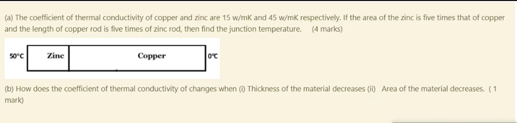a the coefficient of thermal conductivity of copper and zinc are 15 wmk ...