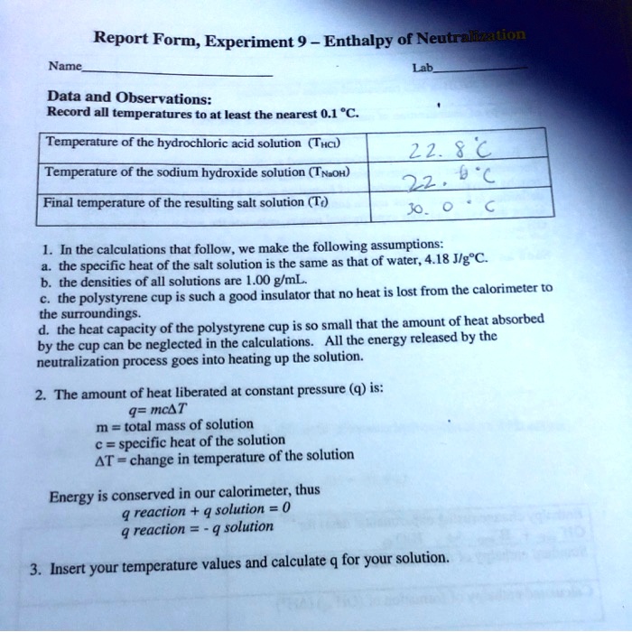 SOLVED Text Report Form; Experiment 9 Enthalpy of Neutralization Name