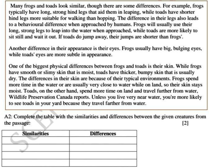 a 2 complete the table with the similarities and differences between the given creatures from the passage 72425