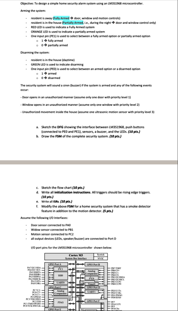 objective to design a simple home security alarm system using an lm3s1968 microcontroller arming the system resident is away fully armed rightarrow door window and motion controls resident i 30131