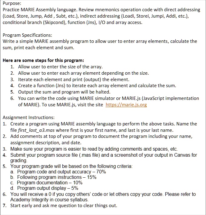 SOLVED Text Purpose Practice MARIE Assembly language. Review