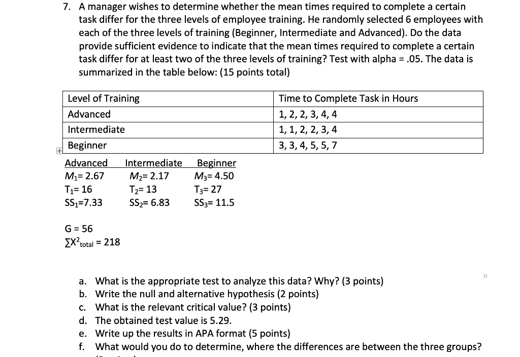 SOLVED: A manager wishes to determine whether the mean times required ...