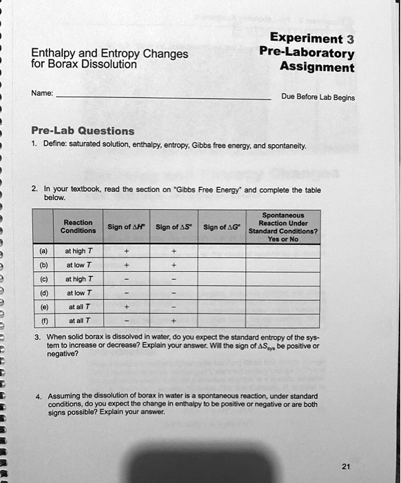 SOLVED Experiment 3 PreLaboratory Assignment Enthalpy and Entropy