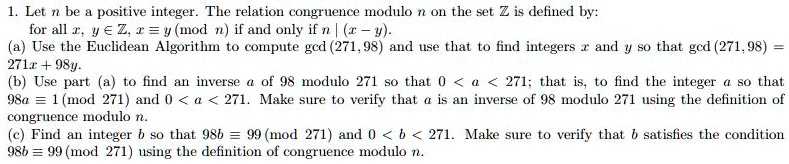 SOLVED: Let n be positive integer: The relation congruence modulo on ...