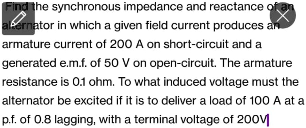 SOLVED: Electronics Find the synchronous impedance and reactance of an ...