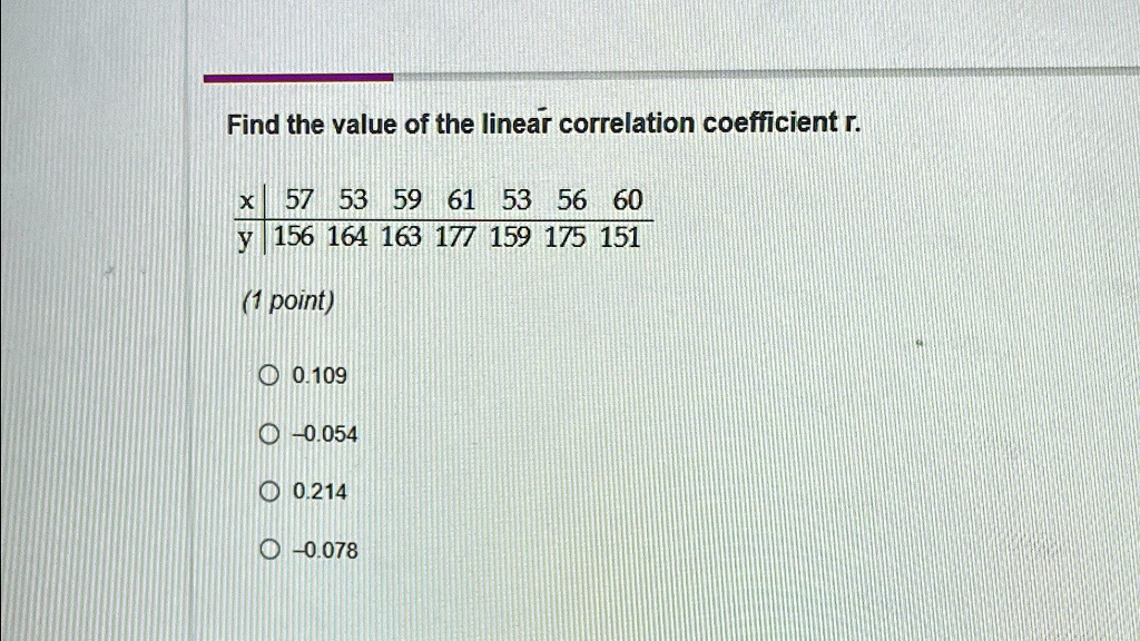 Find the value of the linear correlation coefficient r.
x 57 53 59 61 53 56 60
y 156 164 163 177 159 175 151
(1 point)
? 0.109
? -0.054
? 0.214
? -0.078