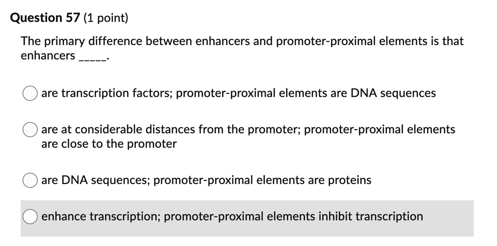SOLVED Question 57 (1 point) The primary difference between enhancers