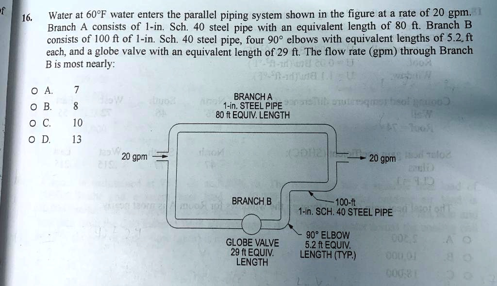 16. Water at 60°F water enters the parallel piping system shown in the ...