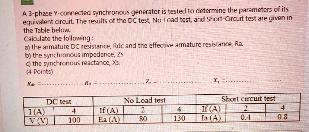 A 3 phase y connected synchronous generator is tested to...