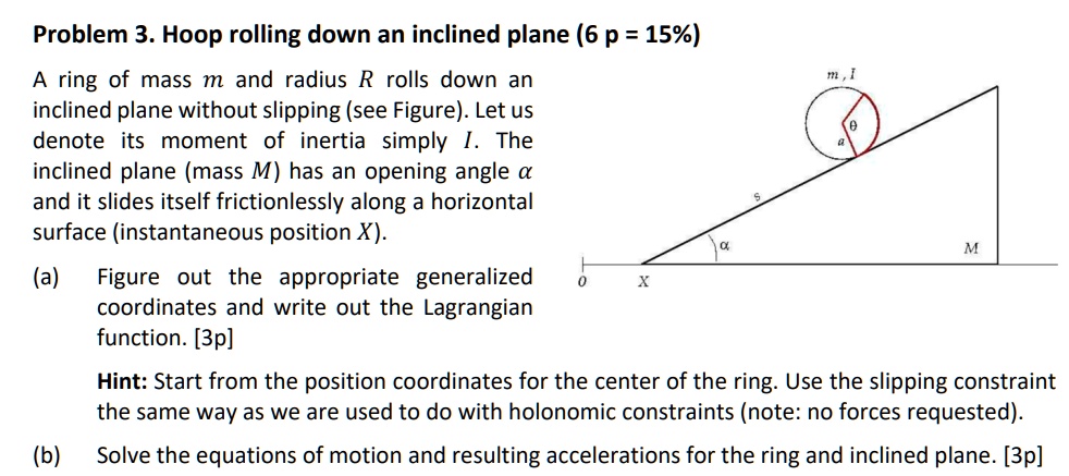 Problem 3. Hoop rolling down an inclined plane (6 p = 15%)
A ring of mass m and radius R rolls down an
inclined plane without slipping (see Figure). Let us
denote its moment of inertia simply I. The
inclined plane (mass M) has an opening angle α
and it slides itself frictionlessly along a horizontal
surface (instantaneous position X).
(a) Figure out the appropriate generalized
coordinates and write out the Lagrangian
function. [3p]
Hint: Start from the position coordinates for the center of the ring. Use the slipping constraint
the same way as we are used to do with holonomic constraints (note: no forces requested).
(b) Solve the equations of motion and resulting accelerations for the ring and inclined plane. [3p]