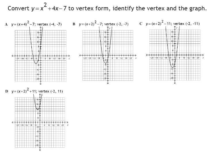 Solved Convert Y X 4x 7 To Vertex Form Identify The Vertex And The Graph Y X 4 2 7 Vertex 4 7 Y X 2 2 7 Vertex 2 7 Y X 2 2 11 Vertex 2 11 Y 212 11 Vertex 2 11