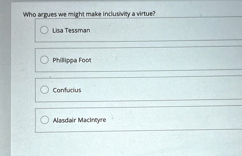 Who argues we might make inclusivity a virtue?
Lisa Tessman
Phillippa Foot
Confucius
Alasdair MacIntyre