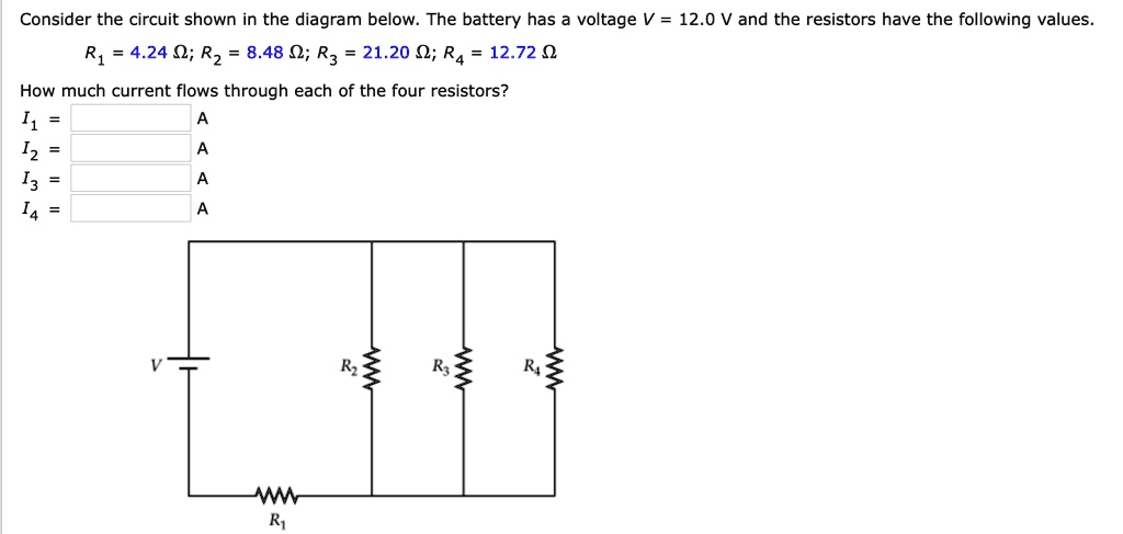 Consider the circuit shown in the diagram below. The battery has a voltage V = 12.0 V and the resistors have the following values.

R1 = 4.24 ?; R2 = 8.48 ?; R3 = 21.20 ?; R4 = 12.72 ?

How much current flows through each of the four resistors?
I1 = A
I2 = A
I3 = A
I4 = A