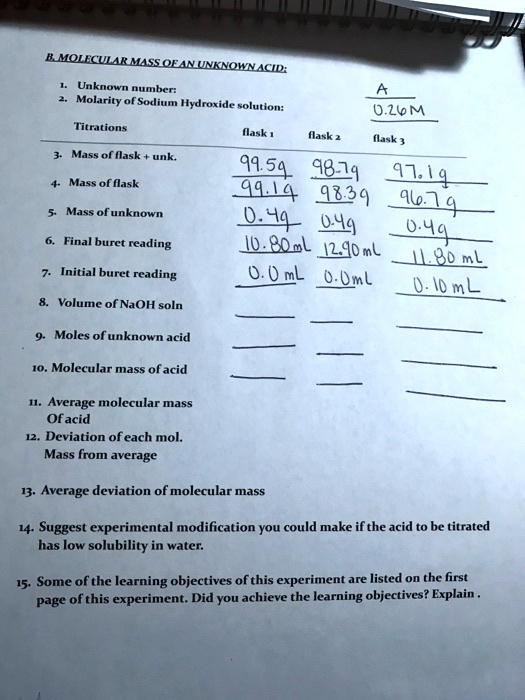 B. MOLECULAR MASS OF AN UNKNOWN ACID:
1. Unknown number: A
2. Molarity of Sodium Hydroxide solution: 0.26 M
Titrations flask 1 flask 2 flask 3
3. Mass of flask + unk. 99.5 g 98.7 g 97.1 g
4. Mass of flask 99.1 g 98.3 g 96.7 g
5. Mass of unknown 0.4 g 0.4 g 0.4 g
6. Final buret reading 10.80 mL 12.90 mL 11.80 mL
7. Initial buret reading 0.0 mL 0.0 mL 0.10 mL
8. Volume of NaOH soln
9. Moles of unknown acid
10. Molecular mass of acid
11. Average molecular mass Of acid
12. Deviation of each mol. Mass from average
13. Average deviation of molecular mass
14. Suggest experimental modification you could make if the acid to be titrated has low solubility in water.
15. Some of the learning objectives of this experiment are listed on the first page of this experiment. Did you achieve the learning objectives? Explain.