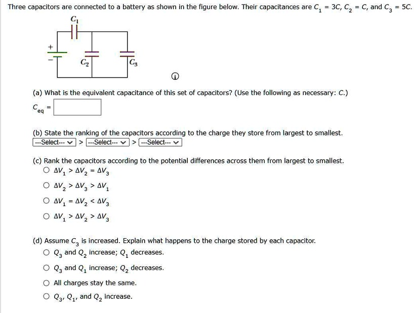 Three capacitors are connected to a battery as shown in the figure