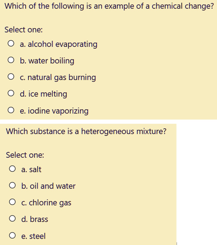 SOLVED Which of the following is an example of a chemical change