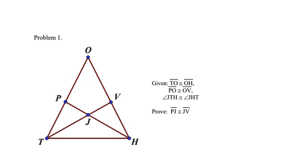 Given: overlineTO cong overlineOH,
overlinePO cong overlineOV,
angle JTH cong angle JHT
Prove: overlinePJ cong overlineJV