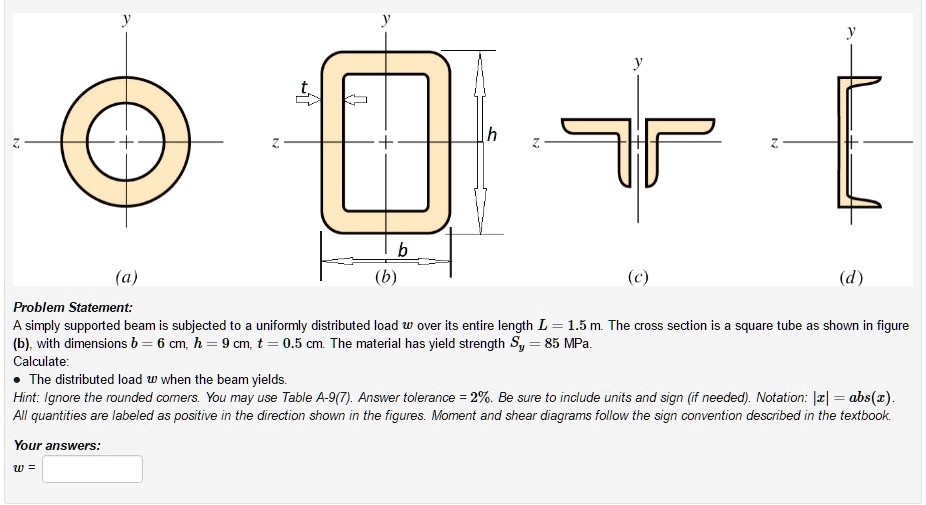 y
t
y
Z
+
Z
+
h
Z
(a)
b
(b)
y
Z
y
(d)
Problem Statement:
A simply supported beam is subjected to a uniformly distributed load w over its entire length L = 1.5  m. The cross section is a square tube as shown in figure
(b), with dimensions b = 6  cm, h = 9  cm, t = 0.5  cm. The material has yield strength Sy = 85  MPa.
Calculate:
• The distributed load w when the beam yields.
Hint: Ignore the rounded corners. You may use Table A-9(7). Answer tolerance = 2%. Be sure to include units and sign (if needed). Notation: $|x| = abs(x)$.
All quantities are labeled as positive in the direction shown in the figures. Moment and shear diagrams follow the sign convention described in the textbook.
Your answers:
w =