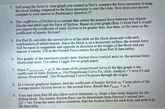 3. Still using the force vs. time graph you created in Part I, compare the force necessary to keep the block sliding compared to the force necessary to start the slide. How does your answer compare to your answer to Preliminary Question 3?

4. The coefficient of friction is a constant that relates the normal force between two objects (blocks and table) and the force of friction. Based on your graph (Run 1) from Part I, would you expect the coefficient of static friction to be greater than, less than, or the same as the coefficient of kinetic friction?

5. For Part II, calculate the normal force of the table on the block alone and with each combination of added masses. Since the block is on a horizontal surface, the normal force will be equal in magnitude and opposite in direction to the weight of the block and any masses it carries. Fill in the Normal Force entries for all three Part II data tables.

6. Plot graphs of the maximum (peak) static friction force (vertical axis) vs. the normal force (horizontal axis). Use either Logger Pro or graph paper.

7. Since Fmaximum static = ?s N, the slope of the proportional curve fit for this graph is the coefficient of static friction ?s. For Proportional Curve Fit, click: Analyze > Curve Fit and choose 'Proportional'. The Proportional Curve Fit passes through the origin.

8. In a similar graphical manner, find the coefficient of kinetic friction ?k. Create plots of the average kinetic friction forces vs. the normal force. Recall that Fkinetic = ?k N.

9. Your data from Part III also allow you to determine ?k. Draw a free-body diagram for the sliding block. The kinetic friction force can be determined from Newton's second law, ?F = ma. From the mass and acceleration, find the friction force for each trial, and enter it in the data table.