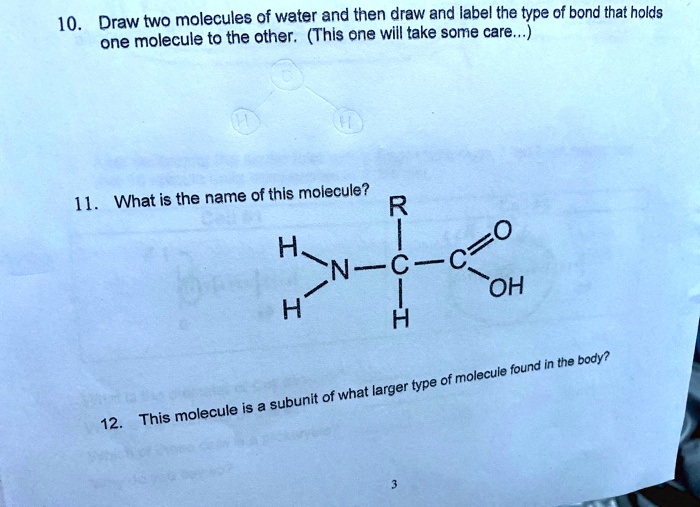 10. Draw two molecules of water and then draw and label the type of bond that holds one molecule to the other. (This one will take some care...)
11. What is the name of this molecule?
12. This molecule is a subunit of what larger type of molecule found in the body?