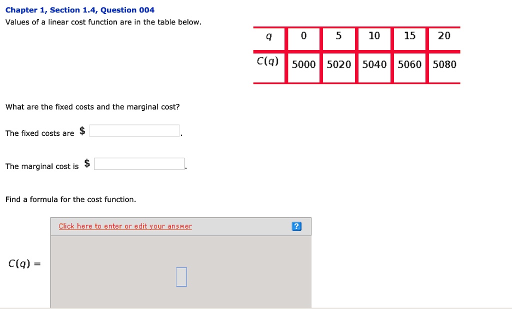 Chapter 1, Section 1.4, Question 004
Values of a linear cost function are in the table below.
q
0
5
10
15
20
C(q)
5000
5020
5040
5060
5080
What are the fixed costs and the marginal cost?
The fixed costs are The marginal cost is
Find a formula for the cost function.
C(q) =