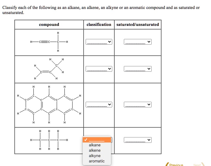 Classify each of the following as an alkane, unsaturated alkene, alkyne