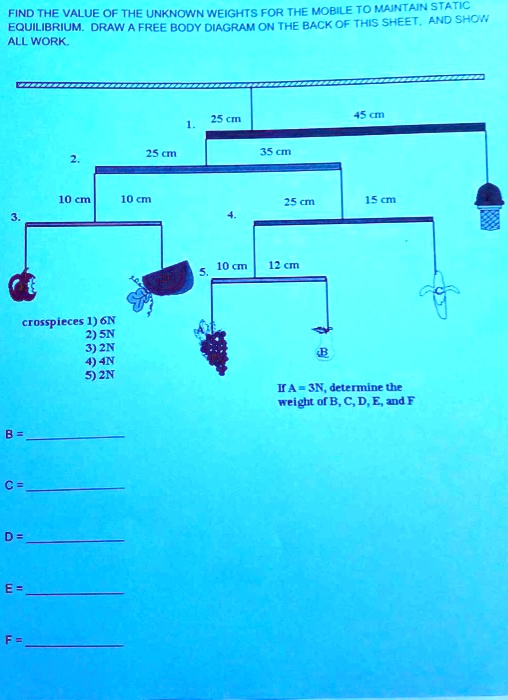 Solved Find The Value Of The Unknown Weights For The Mobile To Maintain Static Draw A Free Body Diagram On The Back Of This Sheet And Shon Equilibrium All Work 45 Ci 25