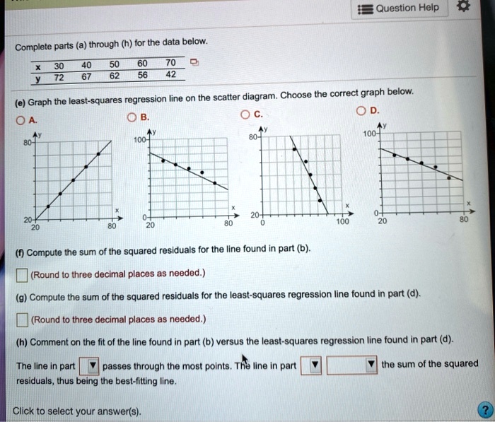 SOLVED:Question Help Complete parts (a) through (h) for the data below: 72  (e) Graph the least-squares regression line on the scatter diagram: Choose  the correct graph below: (0) Compute the sum of