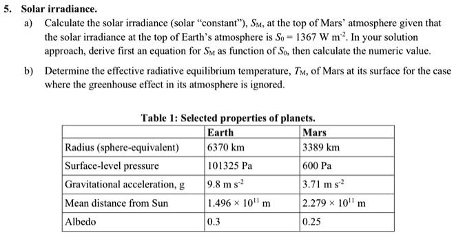 5. Solar irradiance. a) Calculate the solar irradiance...