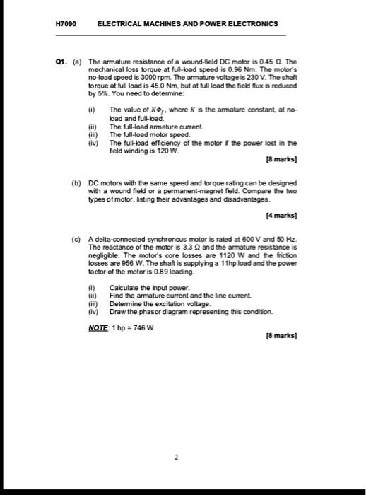 SOLVED H7090 ELECTRICAL MACHINES AND POWER ELECTRONICS Q1.a The