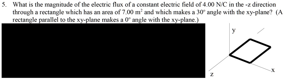 5. What is the magnitude of the electric flux of a constant electric field of 4.00 N/C in the -z direction
through a rectangle which has an area of 7.00 m² and which makes a 30° angle with the xy-plane? (A
rectangle parallel to the xy-plane makes a 0° angle with the xy-plane.)