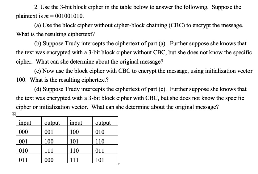 SOLVED: 2. Use The 3-bit Block Cipher In The Table Below To Answer The ...