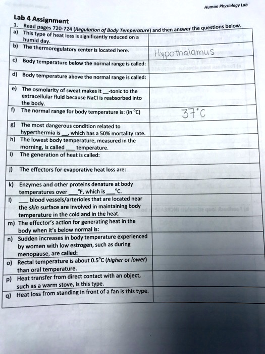 SOLVED Human Physiology Lab 4 Assignment a) On a humid day, the thermoregulatory center is
