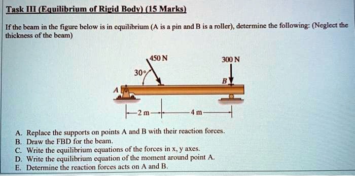 Task III (Equilibrium of Rigid Body) (15 Marks)
If the beam in the figure below is in equilibrium (A is a pin and B is a roller), determine the following: (Neglect the thickness of the beam)

450 N
300 N
30°
2 m
4 m
A
B

A. Replace the supports on points A and B with their reaction forces.
B. Draw the FBD for the beam.
C. Write the equilibrium equations of the forces in x, y axes.
D. Write the equilibrium equation of the moment around point A.
E. Determine the reaction forces acts on A and B.