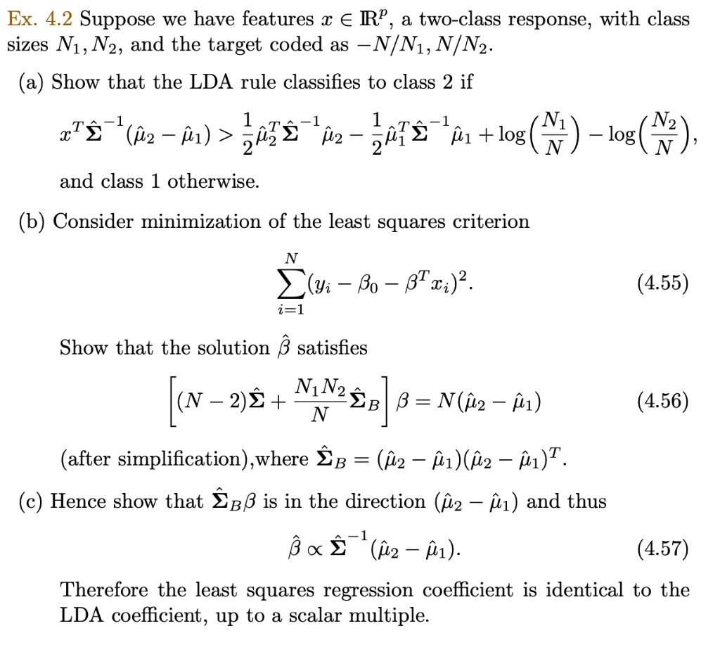 Ex 4.2 Suppose we have features % â‚¬ RP and a two-class response, with ...